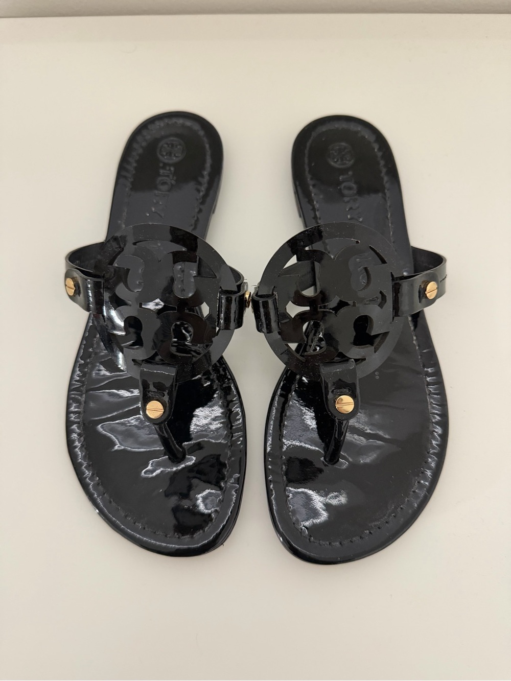 Tory Burch Miller Black Patent Logo Thong Sandals with Gold Studs